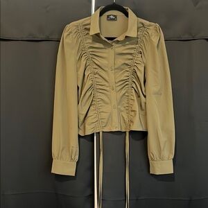 Milk & Honey XL Ruched Tie-Front Button-Up Blouse Neutral Tan Olive